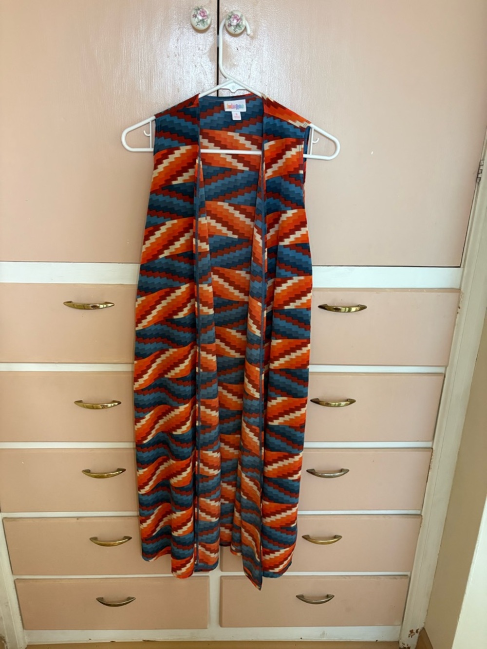 LuLaRoe Rust, Teal & Cream Aztec Open Vest